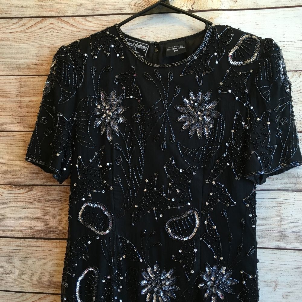VINTAGE ROBERT ANTHONY EMBELLISHED SILK DRESS IN BLACK - Picture 2 of 10